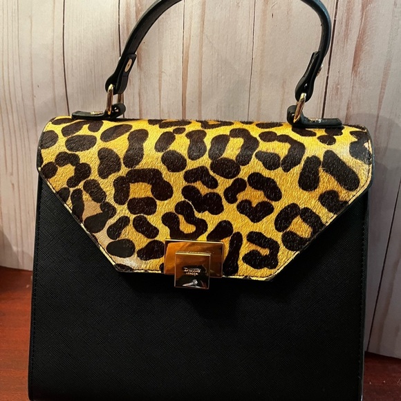 Dune London Leopard Black Half Calf Hair Bag Gold Closure - Picture 4 of 10